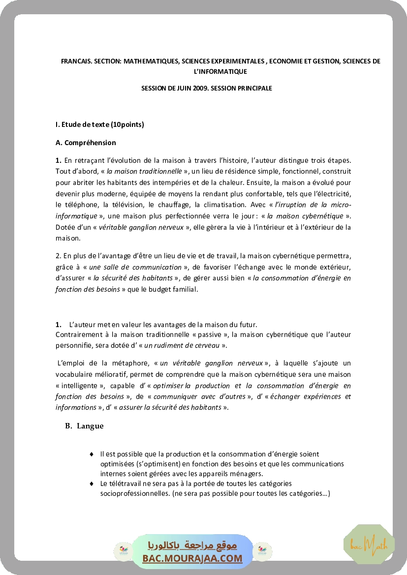 Corrigé principale francais Bac 2009 – Section math
